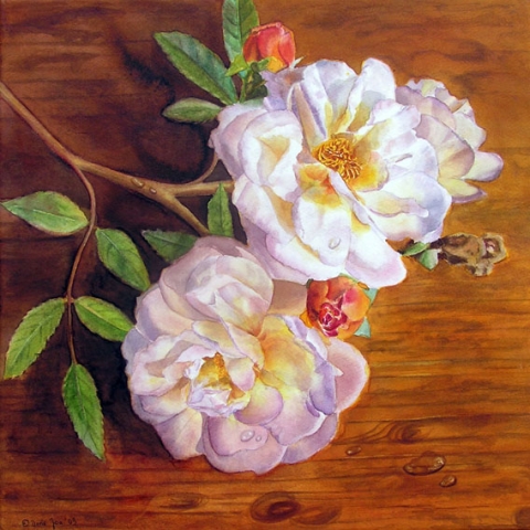 Doris Joa. Roses on wood table.